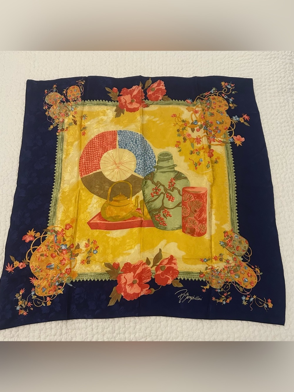 Floral Fan Print Silk-Feel Scarf in Yellow and Navy